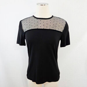 St John Couture short sleeve tee caviar black studded sheer mesh crew neck small